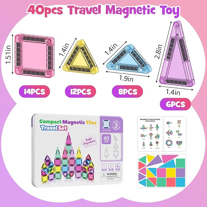 Mini Magnetic Tiles, 40PCS Magnetic Building Blocks with Iron Box, Magnet Toys Travel Size On-The-Go Construction Set STEM Travel Toys for Boys and Girls Ages 3+