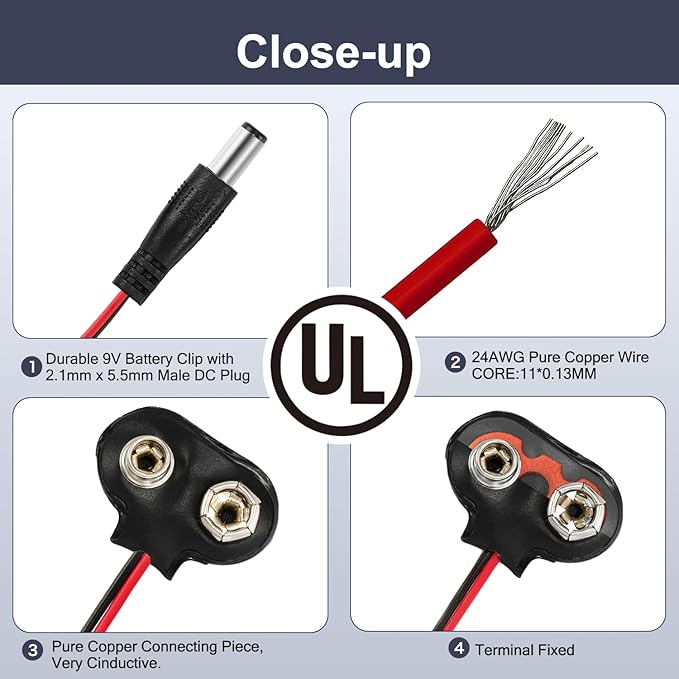 CHANZON UL Wires 9v Battery Connector Plug Arduino Battery Power Leather Clip with Center Positive 2.1mm x 5.5mm Male 5 Pack Jack T-Type for Arduino LED Strip