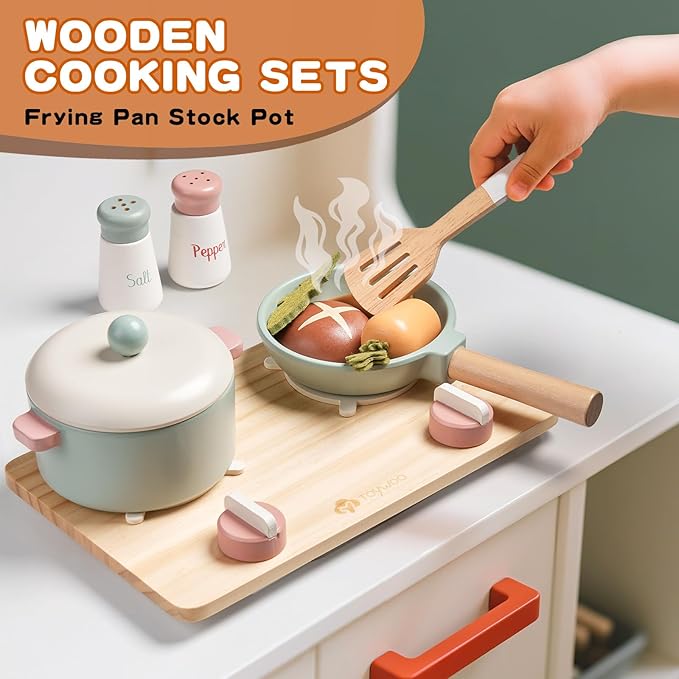 Wooden Play Kitchen Accessories Pretend Toy Pots and Pans Sets for Kids Kitchen Playset with Toy Stove Toddler Cooking Sets Food Toys for Toddlers 3-5 Gifts for Girls Boys (Wooden Cooking Set)