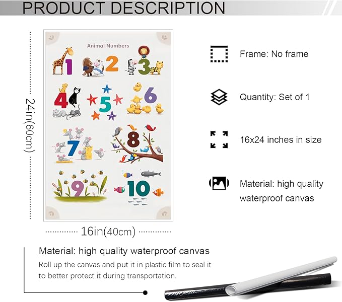 xbsifyiooa Number 1-10 Poster for Toddlers, Learning & Educational Numbers Posters for Toddlers 1-3, Kids Learning Posters, Cute Animal Numbers Chart Preschool Wall Posters For Kids 16x24in Unframed