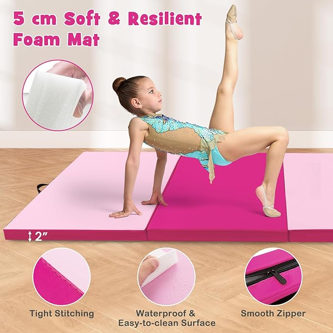 Giantex 4'x10'x 2" Gymnastics Mat, 4-Panel Folding Aerobics Exercise Mat w/Hook & Loop Fastener, Carrying Handle, Portable Tumbling Mat for Stretching Yoga Cheerleading Martial Arts