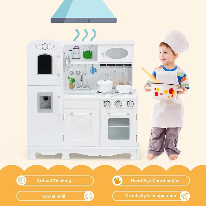 Costzon Kids Kitchen Playset, Wooden Toddlers Toy Kitchen with Light & Sound, Microwave, Ice Maker, Oven, Sink & Faucet, Cooking Accessories, Pretend Play Kitchen, Gift for Boys Girls Age 3+
