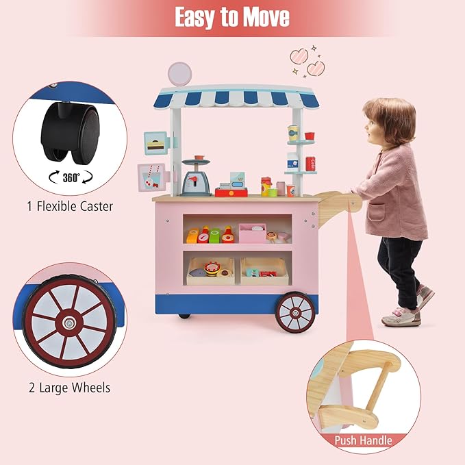 Costzon Kids Grocery Store Playset, Toddler Pretend Market Stand Shop Play Set w/ 30PCS Play Toy, Beverage Rack, Cash Register, Scale, Large Wheels, Wooden Food Cart, Gift for Boys Girls 3+ (Pink)