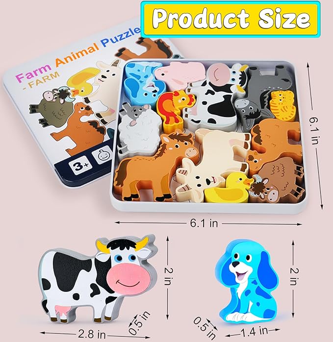Wooden Animal Puzzles Toys for Toddlers,24 Pcs Farm and Safari Animal Figures,Animal Matching Sorting Stacking Toys for Boys Child Girls,Educational Learning Toys Gift for Kids