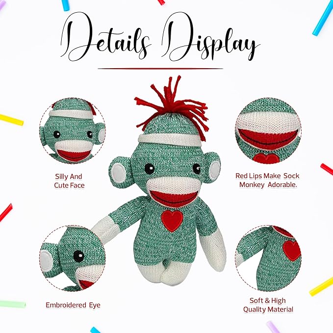 Adorable Sock Monkey 6 Inches, The Original Traditional Hand Knitted Stuffed Animal Toy Gift-for Kids, Babies, Teens, Girls and Boys Baby Doll Present Puppet (Green)