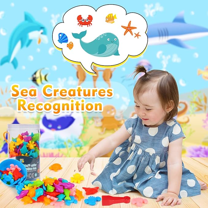 LOKIPA Counting Ocean Animal Toys, Color Sorting Set Ocean Animal Matching Game with Rainbow Sorting Cups Learning Activities Educational Sensory Toys for Toddlers Kids Ages 3 Years and Up