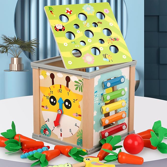 Wooden Baby Activity Cube,Montessori Developmental Toddler Educational Learning Toys, Sorting & Stacking Game