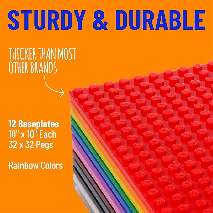 Strictly Briks Classic Stackable Baseplates - Rainbow Plates for Toy Building Sets - Durable Brick Baseplates Compatible with Lego - Toy Mat & Building Board - 10 x 10 in, Pack of 12, Rainbow