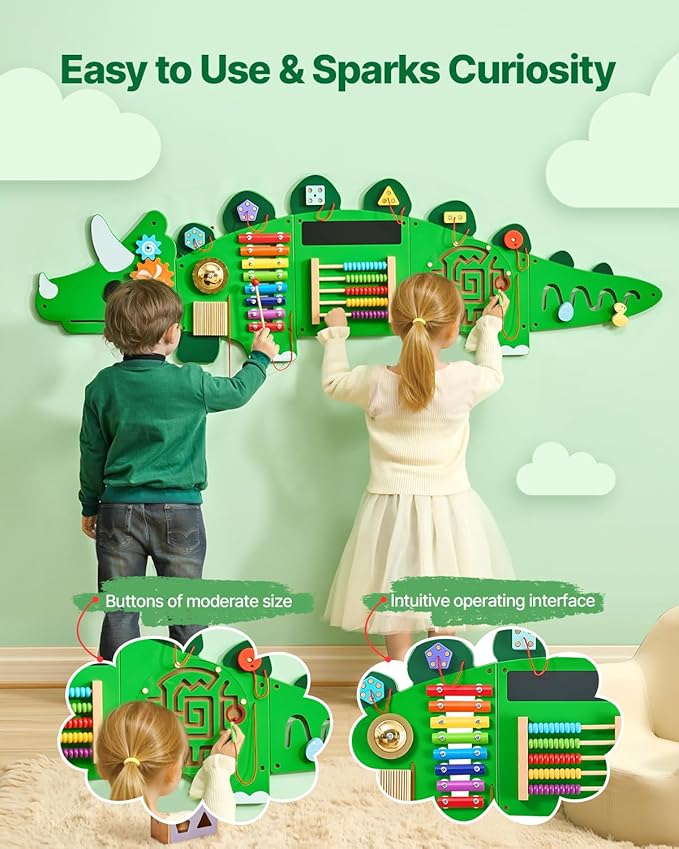 VEVOR Dinosaur Activity Busy Board Wall, 11 Activities Board, Montessori Sensory Wall Panel for Kids 3-12 Years, Sensory Activity Panel, Ideal for Toddler Playroom Nursery Classroom