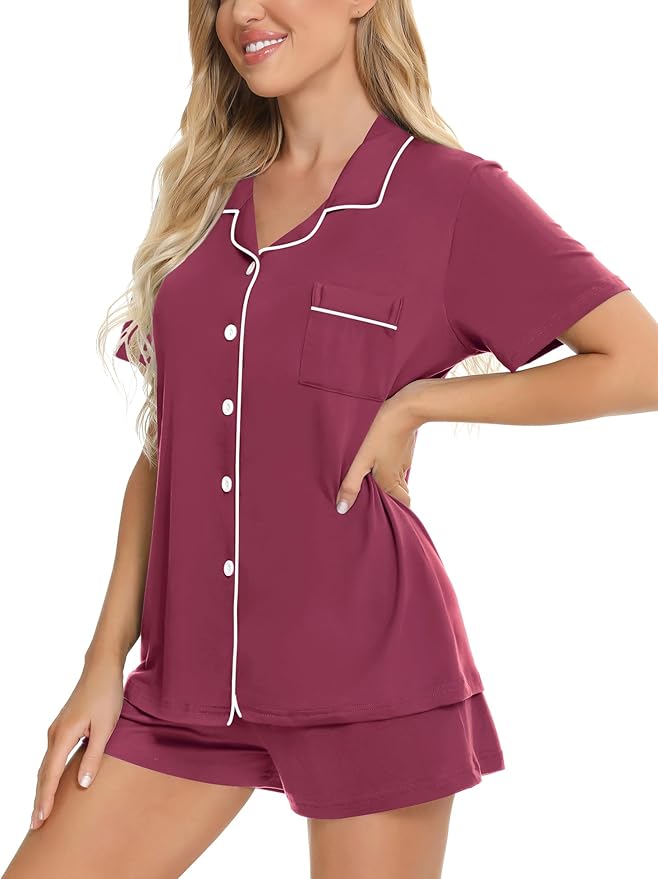 SWOMOG Womens Button Down Pajamas Set Short Sleeve Sleepwear Bride Soft Pj Lounge Sets XS-3XL