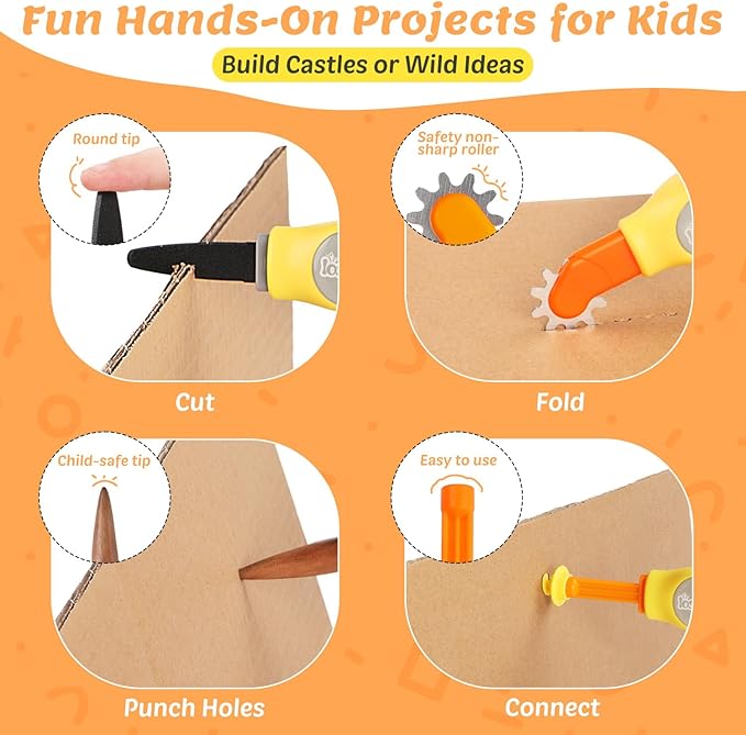 Cardboard Cutter Tools for Kids - 153 Pcs Kid Safe Cardboard Cutter with Saws, Fold-Roller, Gloves & More, STEM Educational Construction Toys Gift for 5 6 7 8 Year Old Boys Girls