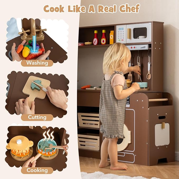 Costzon Corner Kitchen Playset, Kitchen Toy Set w/Real Lights & Sounds, Large Fridge, Ice Maker, Oven, Microwave, Washer, Trash Can & 22 Accessories, Wooden Pretend Play Kitchen for Kids 3+ (Brown)