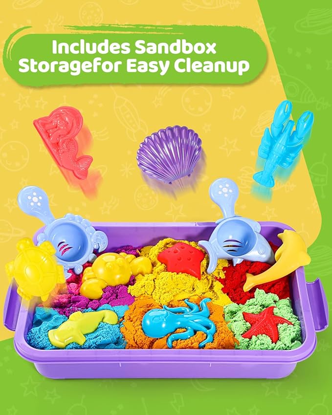 Play Sand with Sensory Bin Toy for Kids, 8 lb of 7 Colored Bulk Magic Sand with Sandbox for Toddlers, Sensory Sand Kit for Boys and Girls Age 3-8 (Green)