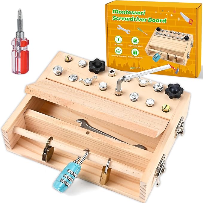 Wooderma Montessori Screwdriver Board Set, with Lock and Key, Wooden Montessori Toys for 3 4 5, Toddler Screwdriver Toy, Kids Tool Set, Preschool Learning Sensory Toy, Fine Motor Skills Toys