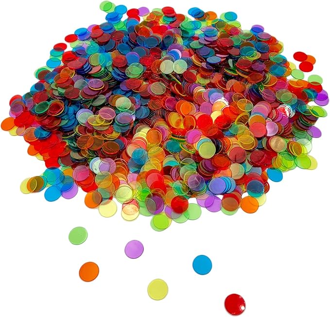 2000 Pieces 3/4 inch Transparent 6 Color Clear Bingo Counting Chips Plastic Markers for Large Group Games, Bingo Game,Game Night & Educational Activities
