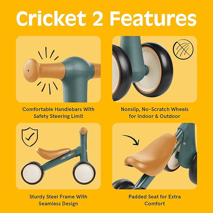 Retrospec Cricket 2 Baby Walker Balance Bike with 4 Wheels - Safe Learning Toy for Ages 12-24 Months - Scratch-Resistant Indoor Outdoor Toddler Riding Toy with Steering Limit & Soft Grips