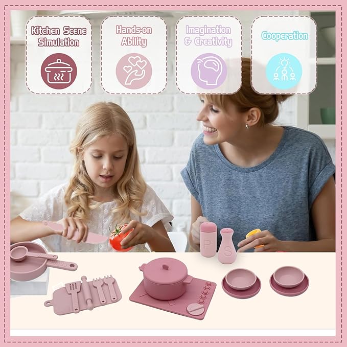 Play Kitchen Accessories, Silicone Pretend Play Kitchen Toys Set, Play Kitchen Pots and Pans Set for Kids, Learning Education Cooking Toys for Girls(Pink)