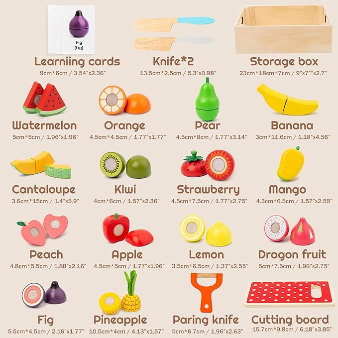 35PCS Wooden Play Food for Toddlers, Pretend Food Toys Play Kitchen Accessories with Storage Basket, Learning Cards, Cutting Food Fruits Toys Montessori Toys Gift for Kids Girls Boys Age 3 4 5 6
