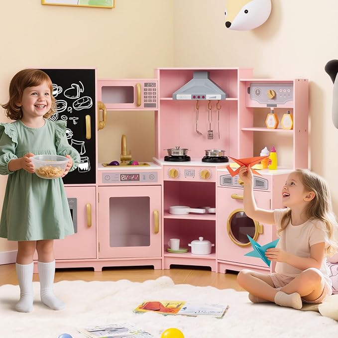 HONEY JOY Corner Play Kitchen, Large Wooden Pretend Toy Kitchen Set w/Lights, Ice & Coffee Maker, Range Hood, Chalkboard, Microwave, Cookware, Little Chef Kids Kitchen Playset for Toddlers (Pink)