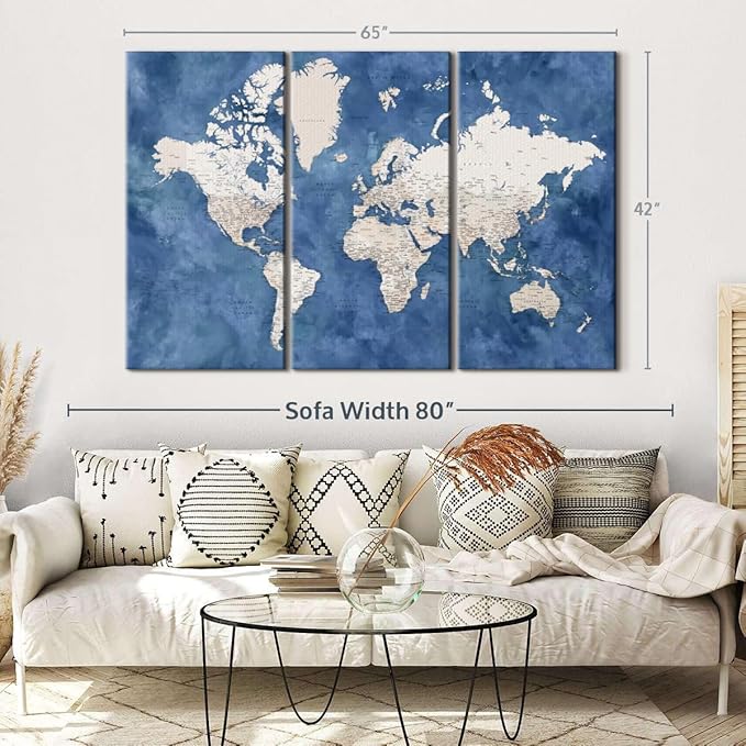 ElephantStock Detailed World Map With Cities I Wall Art - Horizontal Canvas - 3-Piece Living Room Decor - Watercolor Map Canvas Print - Beige and Blue Wall Decor by Blursbyai - 65" X 42"