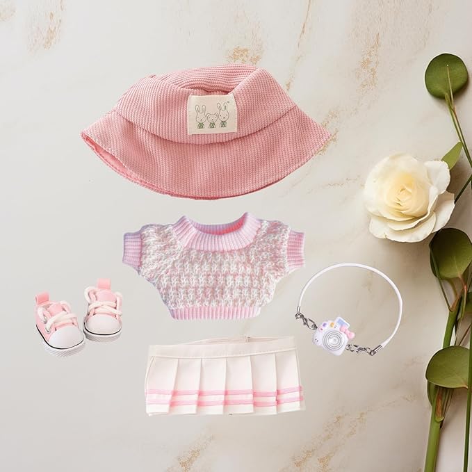 17cm Doll Clothes Set, 5 Pieces Dress Outfit Set for 6.7inch Doll Suit, Fashion Chic Hat & Clothes Accessories for 1st/2nd/3rd Gen Dolls Play & Display Pink
