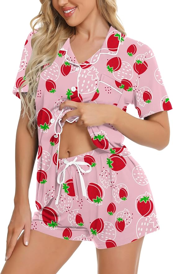 SWOMOG Womens Button Down Pajamas Set Short Sleeve Sleepwear Bride Soft Pj Lounge Sets XS-3XL