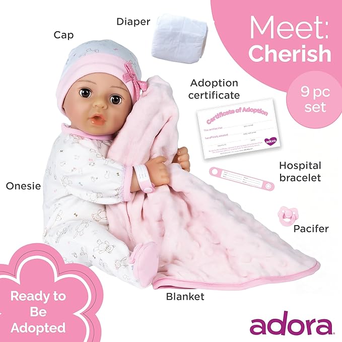 Adora 16 Inch Girl Baby Doll with Accessories Purple Matching 9-Piece Set Including a Pacifier, Hospital, Bracelet, Diaper, and More Gift for Toddlers Ages 3+ Adoption Babies Collection - Cherish