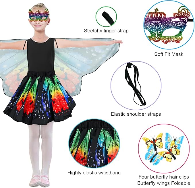 Butterfly Costume for Girls Fairy Wings Kids 4 Pcs(Cape,Skirts,Masks,Hair Clips) Butterfly Wings for Halloween Gifts