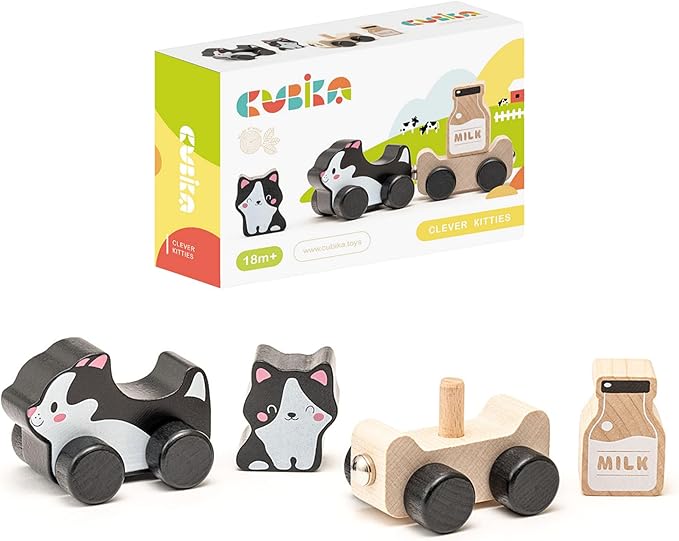 Cubika Wooden Clever Kitties Train Toy – Magnetic Cat-Themed Wood Toy Playset for Toddlers 18 Months+ – Montessori Toy for Fine Motor Skills and Imaginative Play