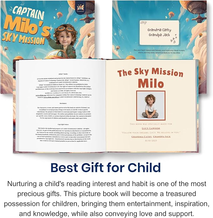 ELFINK Personalized Children Story Books - Captain's Sky Mission - Customized Name & Photo - Baby Gifts - Children Bedtime Story (Soft Cover)
