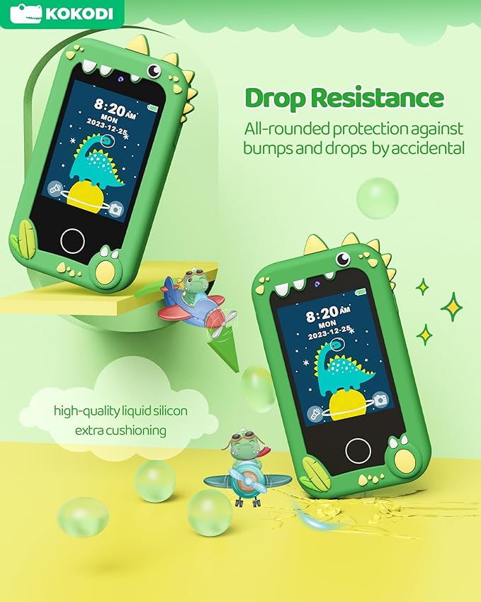 KOKODI Kids Smart Phone Toys, Touchscreen HD Dual Camera Cell Phone for Kids, Birthday Gifts Dinosaur Child Play Phone for Boys 3-10, Travel Preschool Learning Toy (Green)
