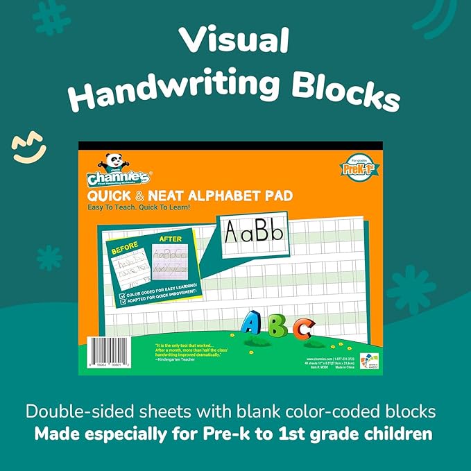Channie’s Quick & Neat Alphabet Writing Pad, Practice Handwriting, 80 Pages Front & Back, 40 Sheets, Pre Kindergarten Books & First Grade Workbook, Homeschool Learning Supplies, Size 8.5” x 11”