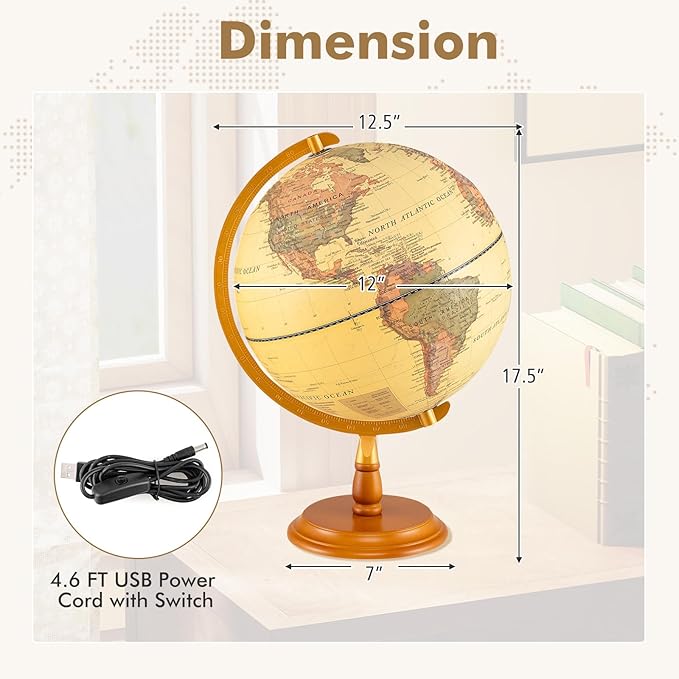 COSTWAY 12” Illuminated World Globe, Geography Educational Globe with Built-in LED Night Light, Wooden Stand, Clear Map for Kids & Adults Learning, Desktop Globes for Students, Decoration (Bronze)