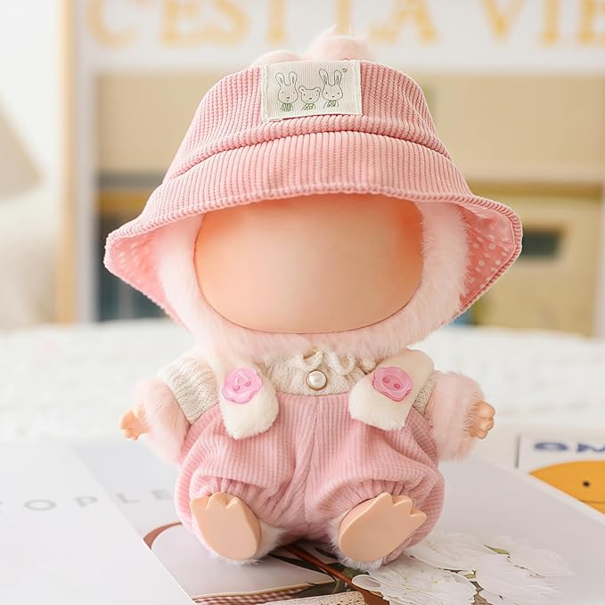 Clothes for Dolls Accessories (No Doll), Cute Outfit Set 3 Pieces Bib Pants Suitable for 15 & 17cm Doll Suit, Stylish Dress Up Overalls Doll Clothing Set Replacement with Hat Clothes Pink