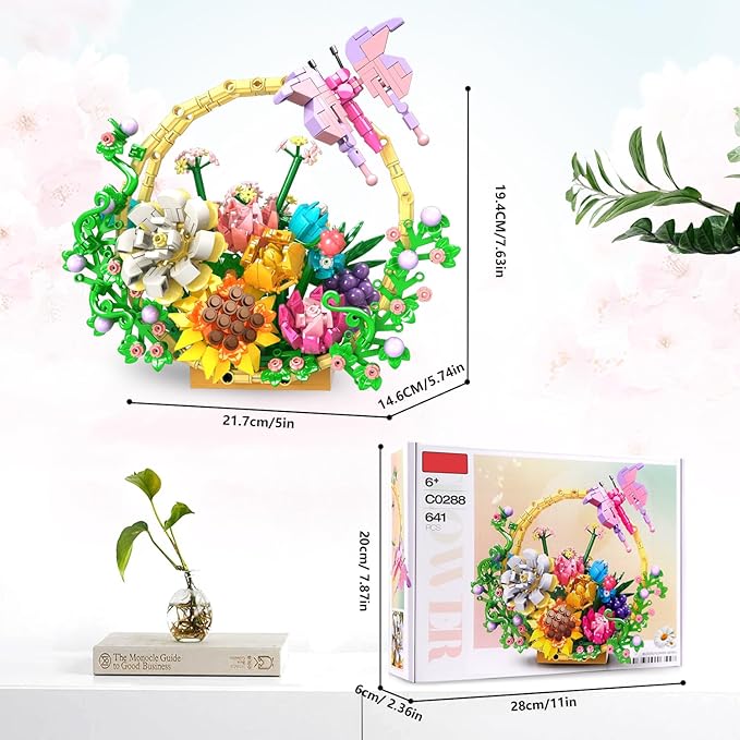 SIENON Flower Bouquet Building Set, Artificial Flowers Bonsai Basket Building Toy, Unique Home Wall Decor-Flowers Botanical Collection Building Kit Gift for Christmas Valentines Mother’s Day (641pcs)