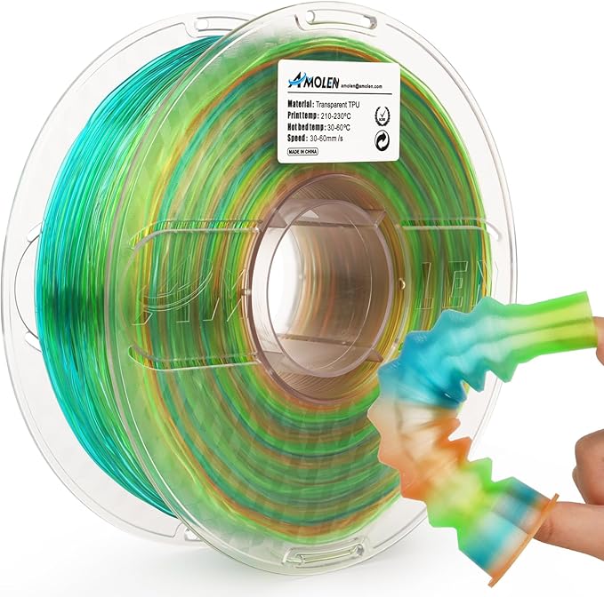 AMOLEN TPU 3D Printer Filament, Transparent Multicolor Rainbow TPU 1.75mm, Color Change Flexible Soft TPU 3D Printing Filament Supports High Speed, 1kg Spool(2.2lbs), Blue Green Orange