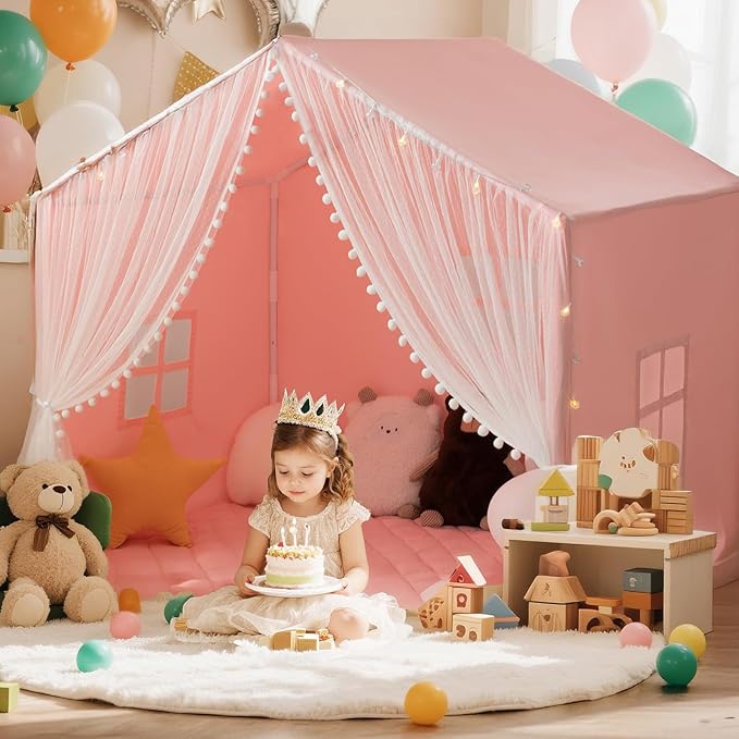 Large Kids Play Tent, 55.1in Length, Fits 3-4 Children,Indoor Playhouse for Kids, with Padded Mat and Lights, Bed Tent for Toddler, Birthday for Boys Girls