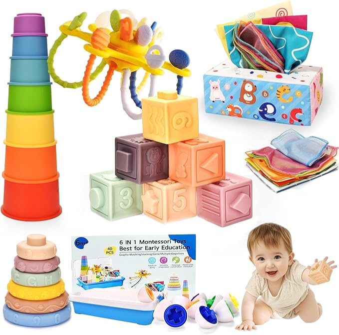 Montessori Toys for Baby 6 Month Old,Baby Toys 6-9-12 Months,6 in 1 Montessori Sensory Toys for 1 Year Old,Stacking Blocks,Tissue Box Toys for Toddlers Birthday Halloween