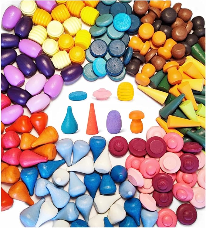 MIKNEKE 81 Wooden Loose Parts Sensory Bin Filler Toys, Mandala Rainbow Stacker Open Ended Toys, 27 Colors Sensory Training Educational Toys