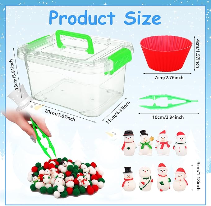277 PCS Christmas Sensory Bin Filler Winter Sensory Bin Items 240 Pompoms 24 Resin Xmas Snowman 6 Cups 6 Tweezers 1 Storage Box for Winter Christmas Sorting Counting Training Education Activities