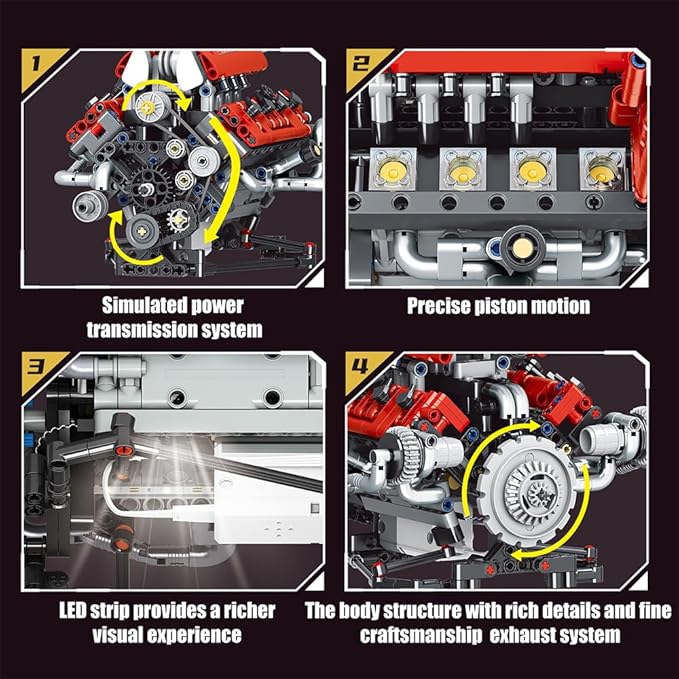 39006 V8 Engine Model Kit, Runnable, Build Your own STEM Visible Mini V8 Engine Model Kit with Lights, Adult and Adolescent Physics Science Experiment Building Block Set (660 Pcs)