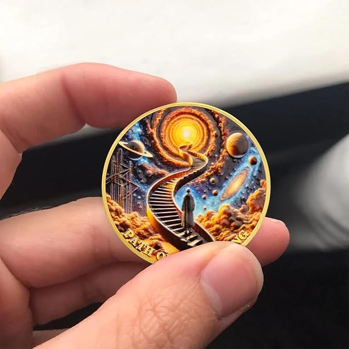 Path of Awakening Sobriety Coin Recovery Medallion with Golden Staircase Cosmic Design AA Token Sober Chip for Spiritual Growth Sobriety Gifts