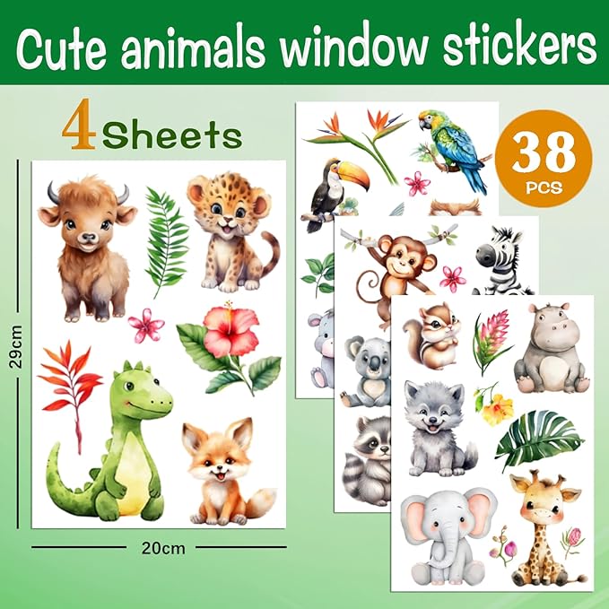 38 Animal Window Stickers, Cute Elephant, Monkey, Bird Window Stickers, Perfect for Parties, Decorating Rooms, Living Rooms, Kitchens, bathrooms, refrigerators, Tile Stickers