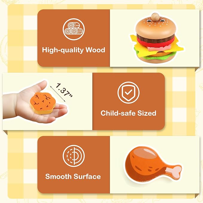 Wooden Hamburger Play Food Set for Kids, Fast Food Playset with Tray, Pretend Play Kitchen Accessories for Toddlers