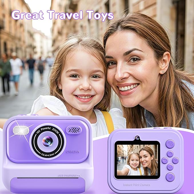 Kids Instant Print Camera with 2.4 Inch Screen, Christmas Birthday Gifts for Girls Age 3-12, 1080P Digital Camera, Portable Toddler Travel Toy for 3 4 5 6 7 8 9 10 Year Old Girls, Purple