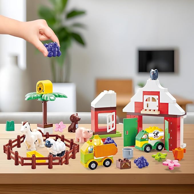 Building Blocks for Toddlers 1-3-5, Farm DIY Big Classic Building Bricks Toys Set for Kids Ages 2-4-5-8 With Barn, Animals, Truck, Compatible With All Major Brands, Gift Toy for 3-5 Boys Girls 74 Pcs