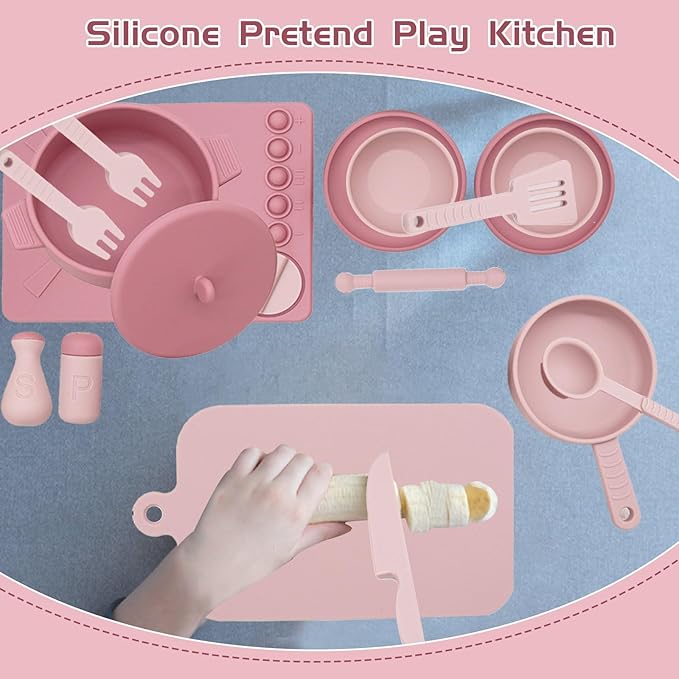 Play Kitchen Accessories, Silicone Pretend Play Kitchen Toys Set, Play Kitchen Pots and Pans Set for Kids, Learning Education Cooking Toys for Girls(Pink)