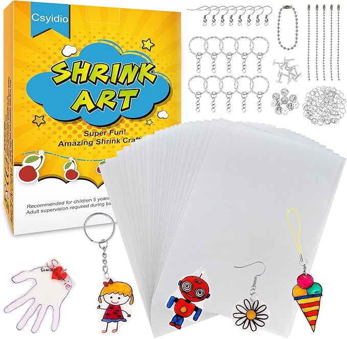165 PCS Shrink Dink Keychain Kit Includes 20 PCS Shrink Paper Sheets and 145 PCS Metal Accessories, Shrink Papers for Kids Creative Craft School Projects and Christmas Ornaments