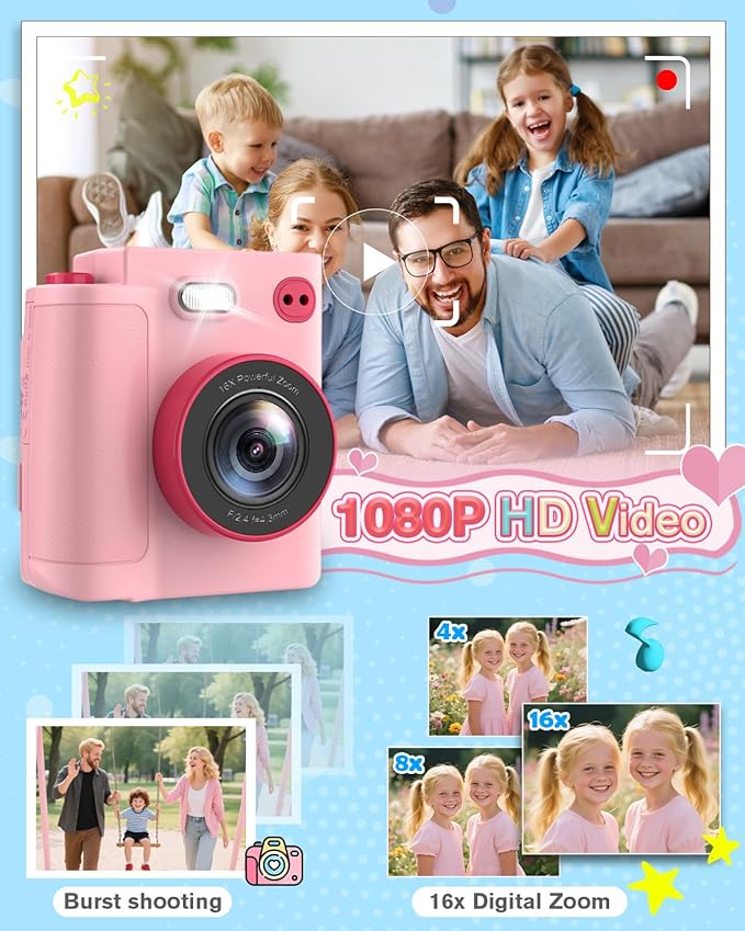 Instant Print Camera for Kids - 1080P HD Toddler Digital Camera for 3 4 5 6 7 8 9 10 Year Old Girls Boys, Christmas Birthday Gift with 32GB SD Card, Selfie Mode, Portable Travel Toy, Fun Filters- Pink