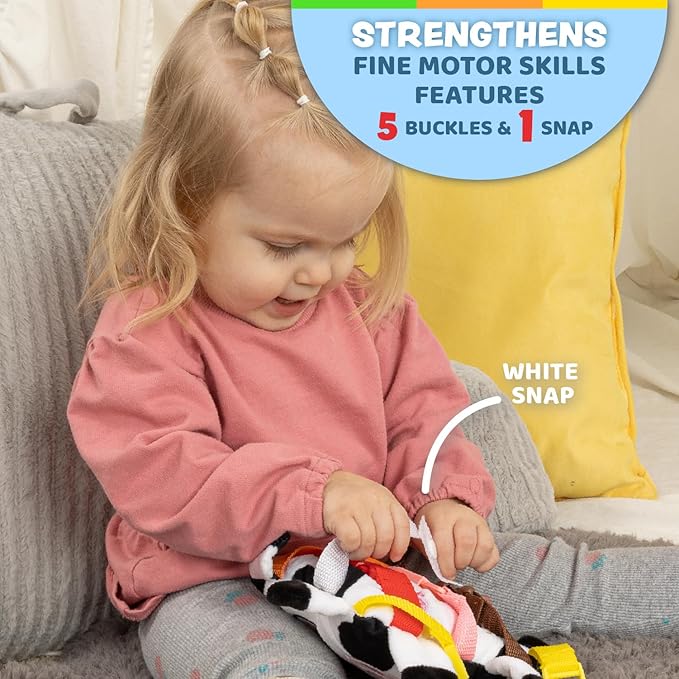 Buckle Toys Bessie Cow Stuffed Animal Plush Montessori Toys for Toddlers 1-3 Sensory Toys to Develop Fine Motor Skills and Learn Shapes and Colors, Travel Essentials for Kids, Includes Storage Pocket